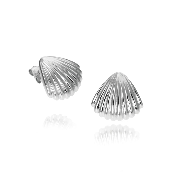 Silver shell-shaped post earrings on a white background