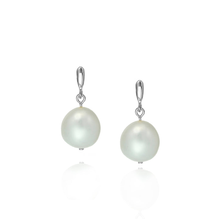 Pair of silver short drop stud pearl earrings on a white background