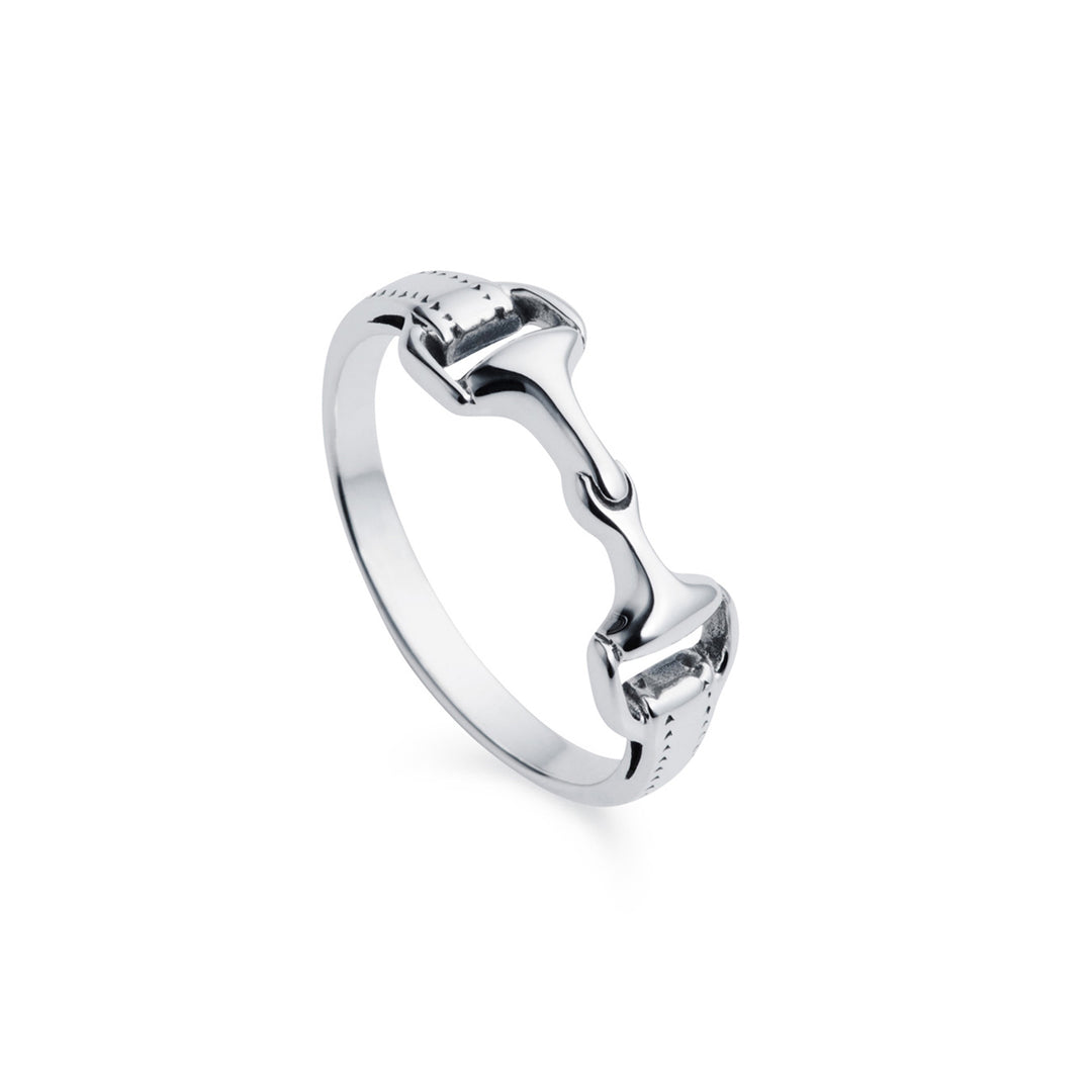 Silver snaffle bit ring on a white background