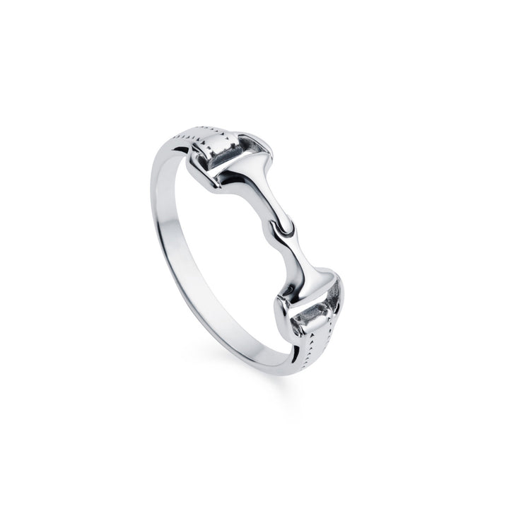 Silver snaffle bit ring on a white background