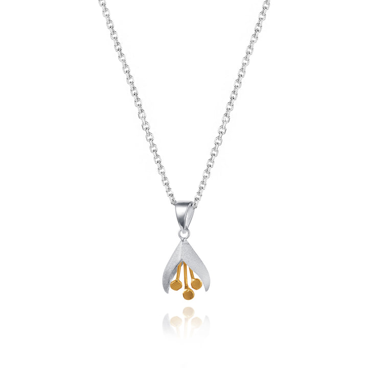 Silver necklace with a unique flower pendant on a white background