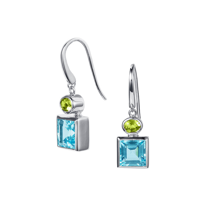 Silver earrings with square blue and green oval gemstones  on a white background