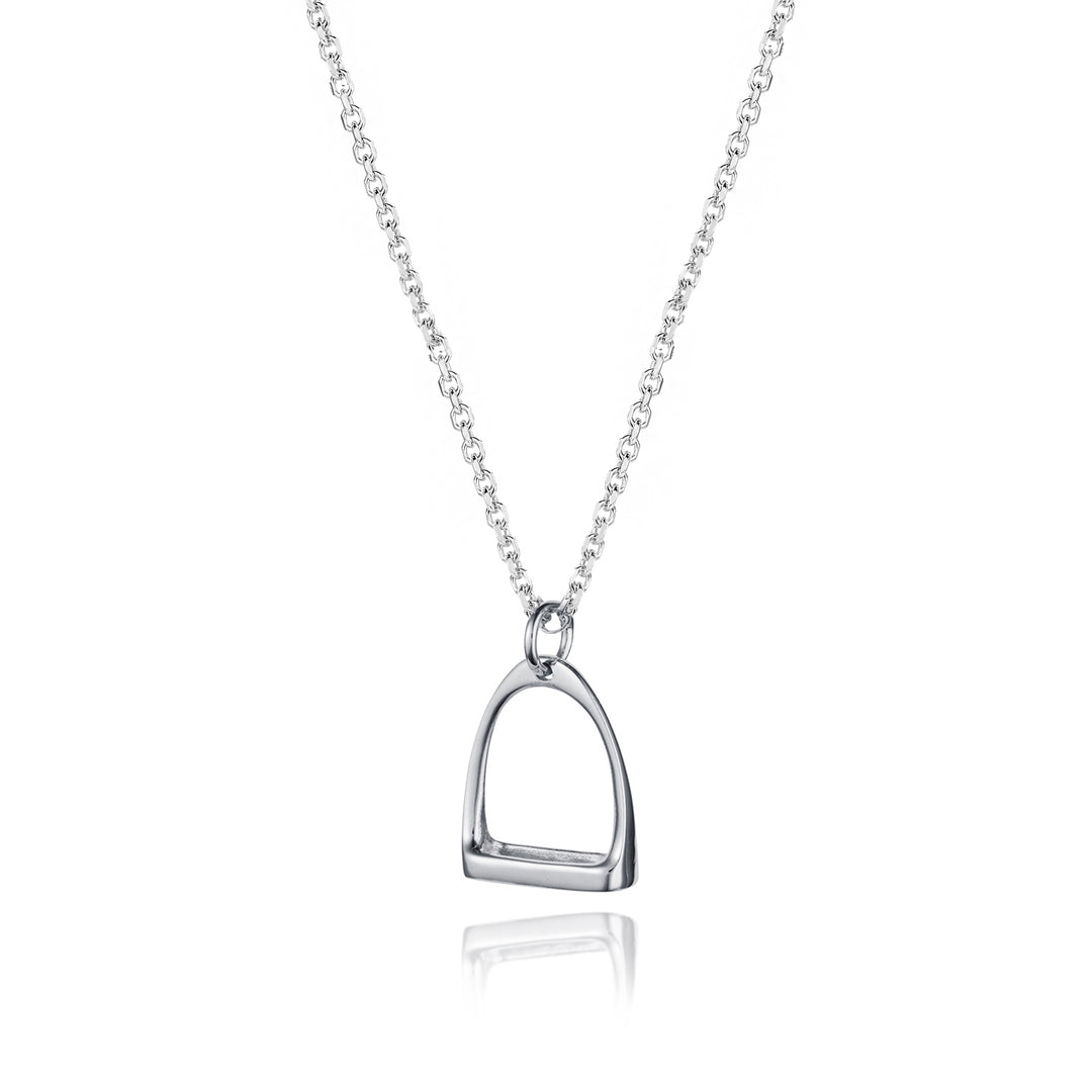 Silver horse stirrup pendant on a chain against a white background