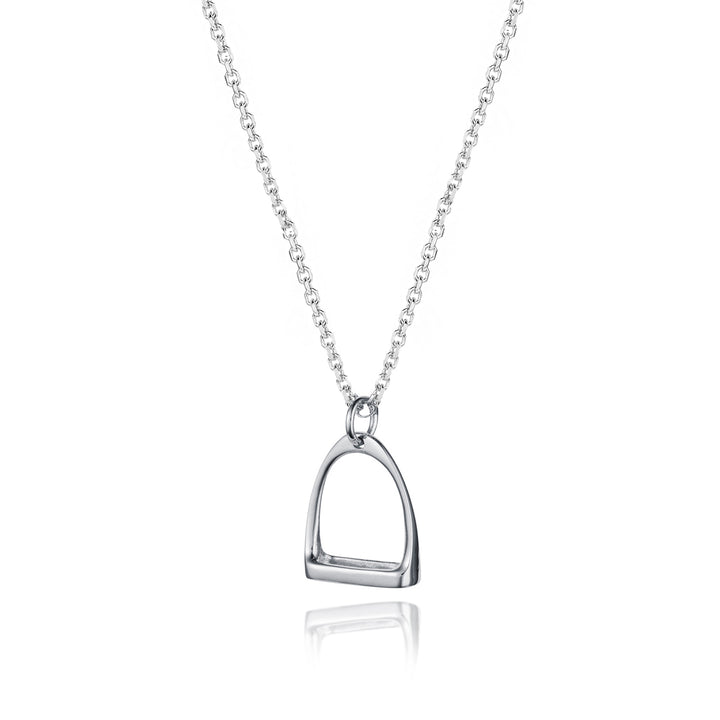 Silver horse stirrup pendant on a chain against a white background