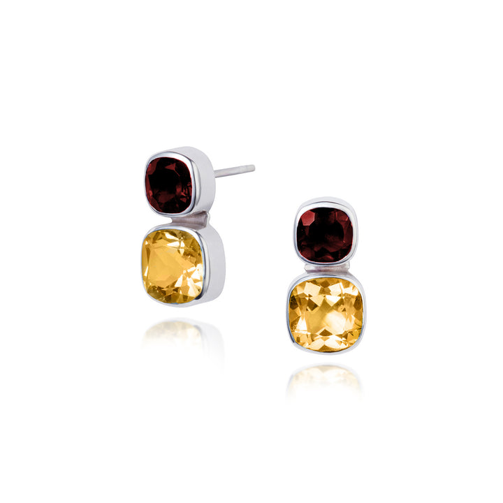 Silver stud earrings with cushion cut citrine and garnet gemstones