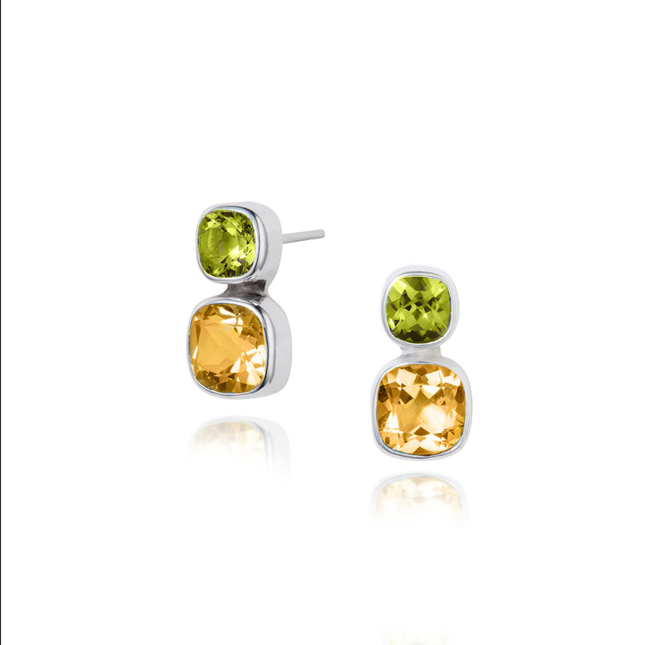 Silver stud earrings set with citrine and peridot cushion cut gemstones