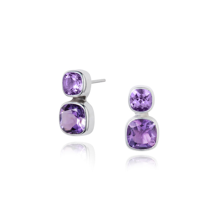 Silver stud earrings with two amethyst gemstones