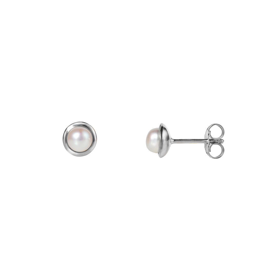 Small round pearl stud earrings in silver on a white background