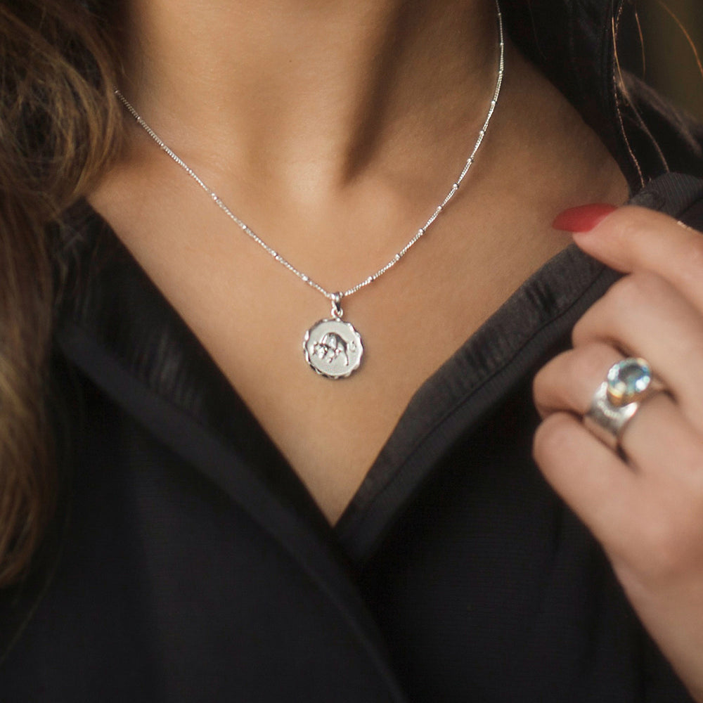 Model wearing a silver Zodiac necklace 
