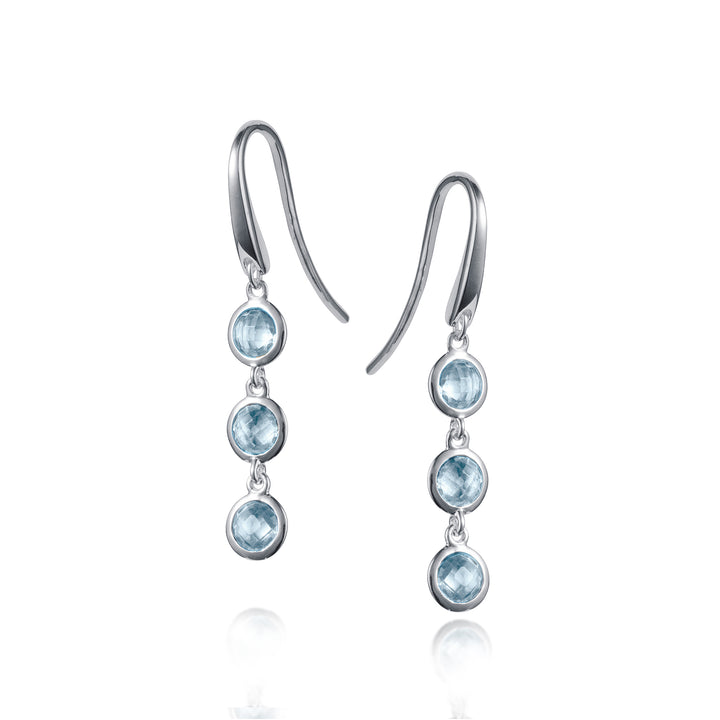 Silver dangle earrings with three blue topaz gemstones on a white background
