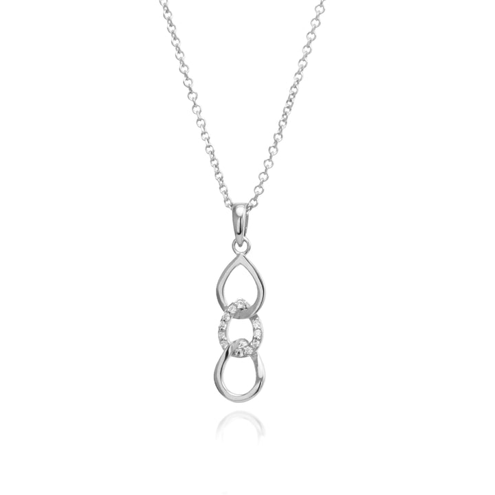 Silver and cubic zirconia necklace with a triple teardrop-shaped pendant on a white background