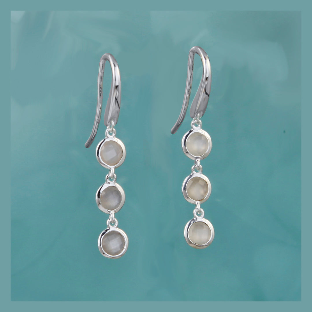 Three stone drop earrings in silver and moonstone on a aqua background
