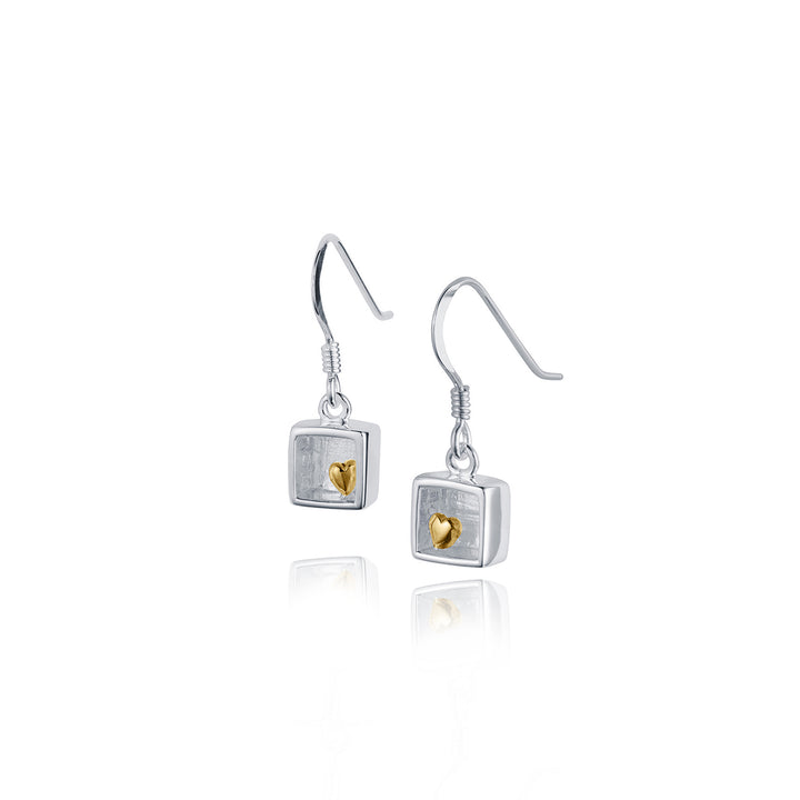 Silver box shaped earrings with a gold heart inside on a white background