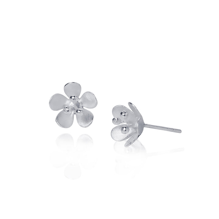 Silver daisy flower-shaped earrings on a white background