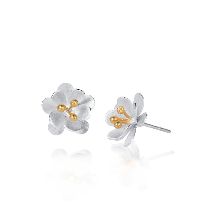 Flower-shaped earrings with gold centers on a white background