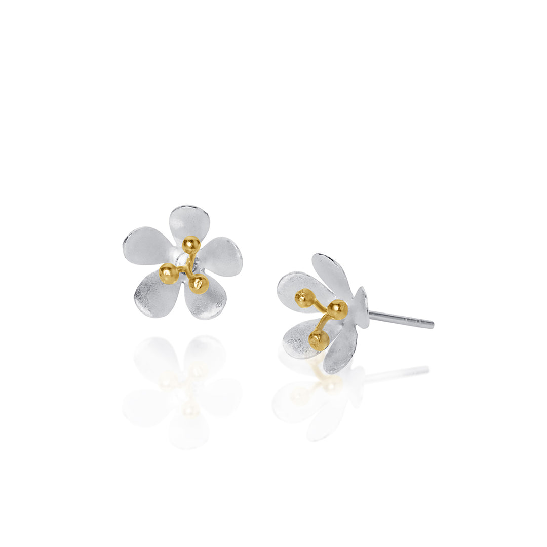 SIlver daisy flower-shaped post earrings with gold centers on a white background