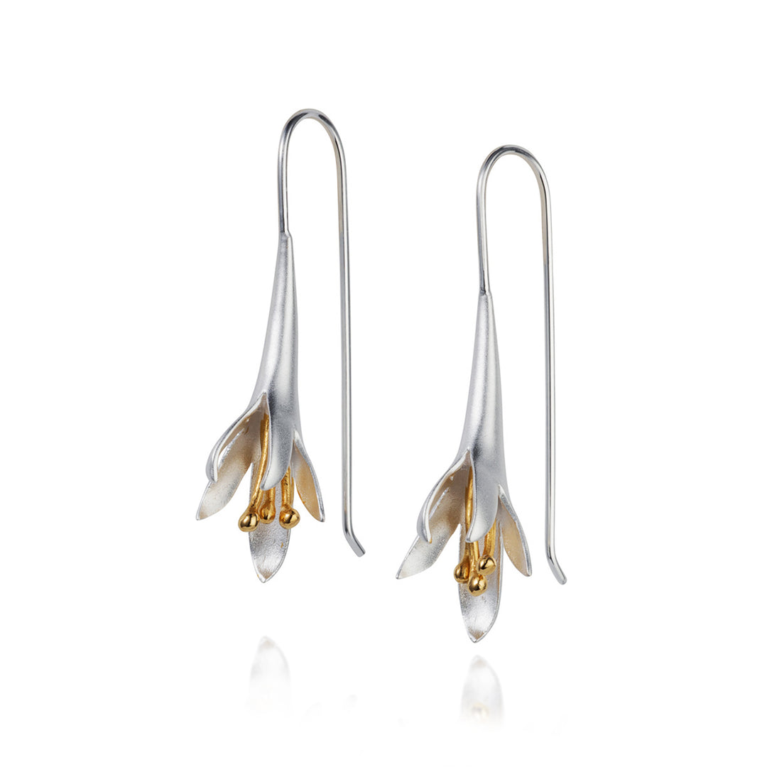 Silver and gold floral earrings on a white background