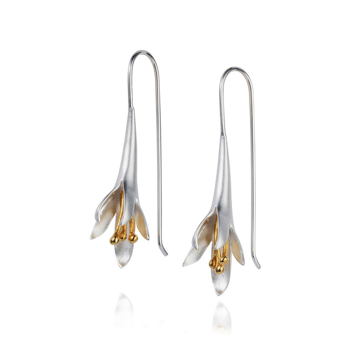 Silver and gold floral earrings on a white background