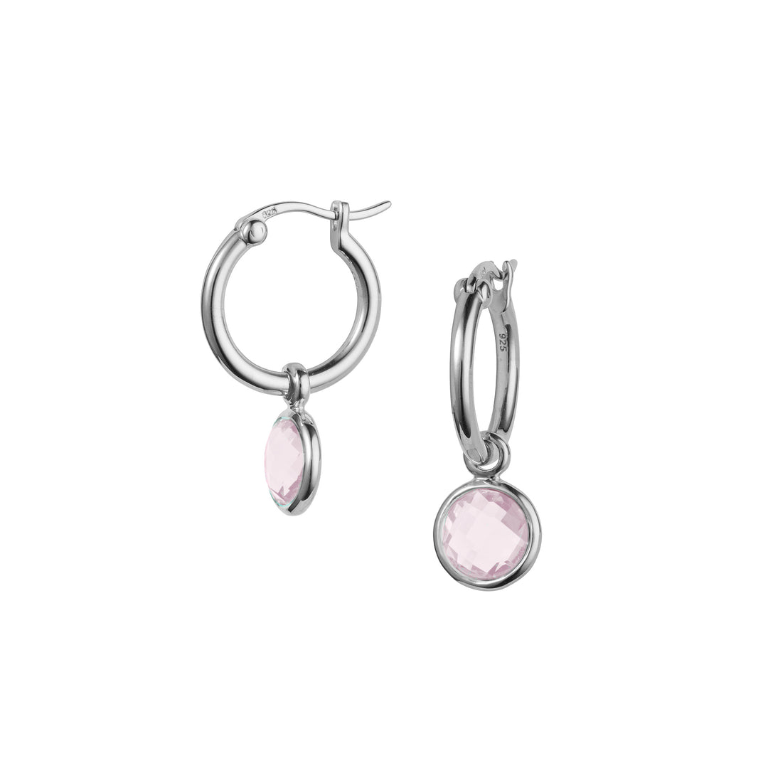 Sterling silver snap-post hoop earrings with pale rose quartz drops on a white background.