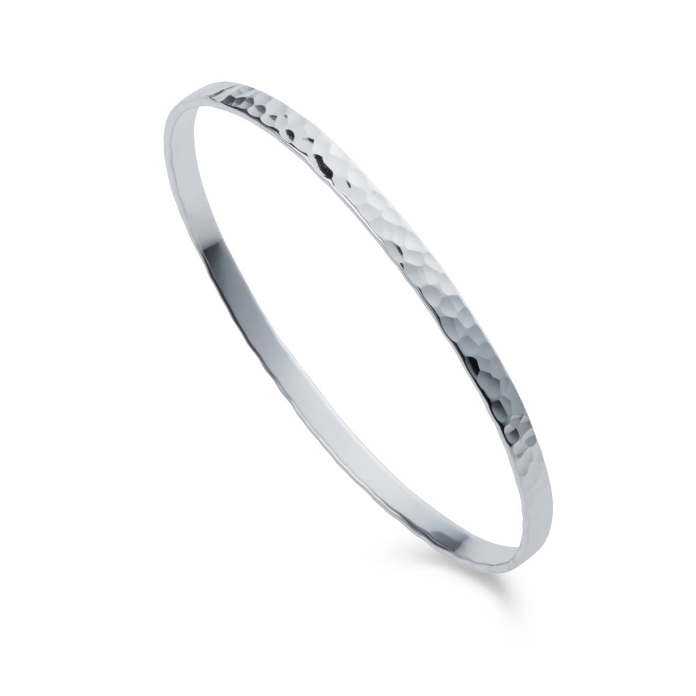 Sterling silver 5mm bangle with a hammered finish against a white background.
