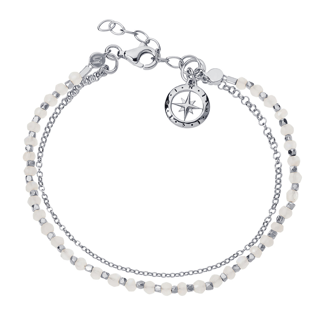 Sterling silver beaded bracelet with moonstone gemstones and compass charm.