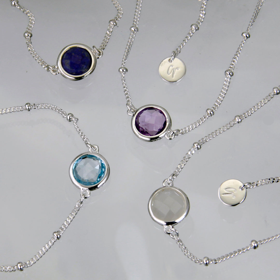 Sterling silver beaded chain bracelets with blue topaz, lapis lazuli, amethyst and moonstone gemstones 