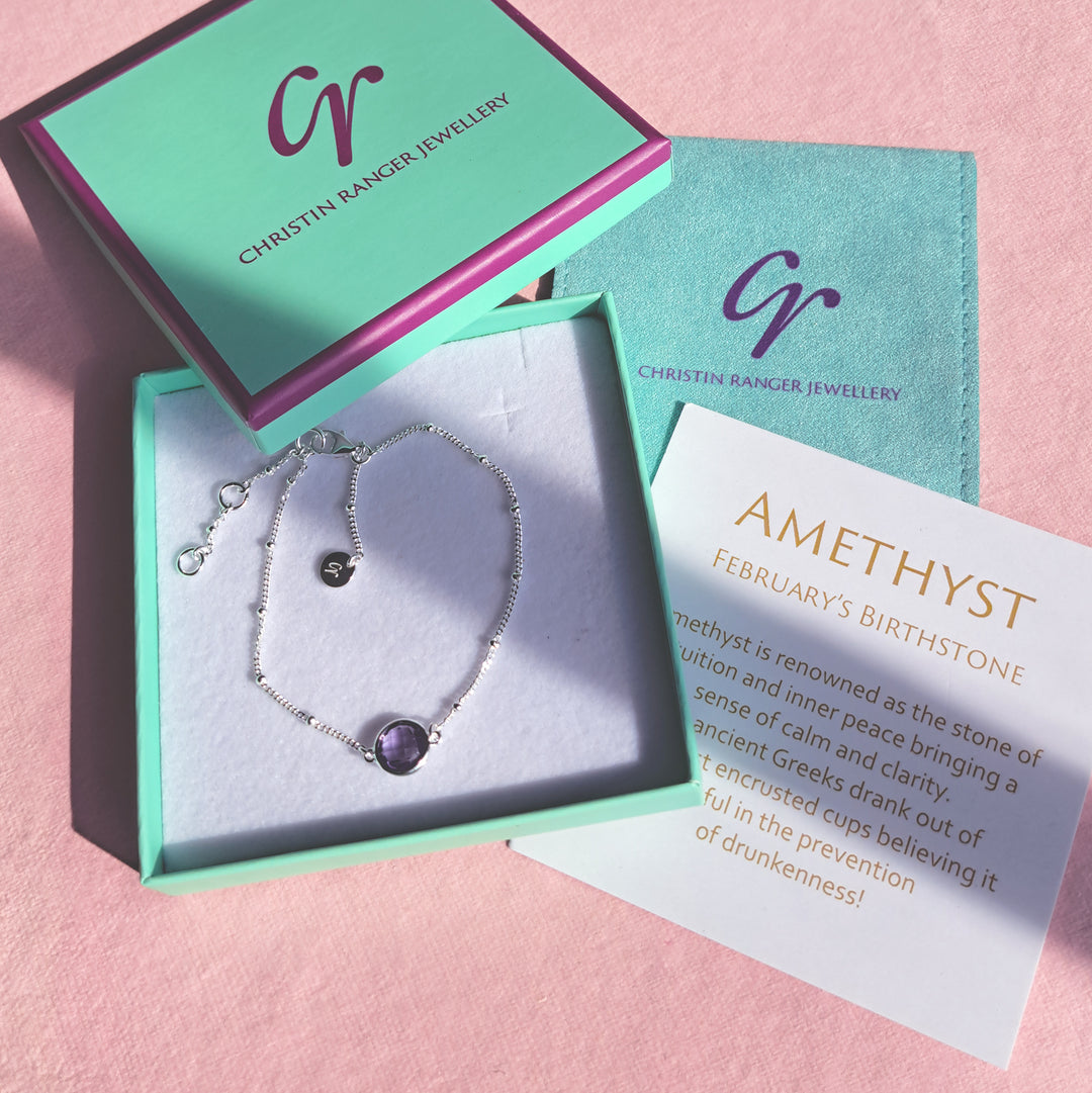 Sterling silver beaded chain bracelet with amethyst in a Christin Ranger gift packaging