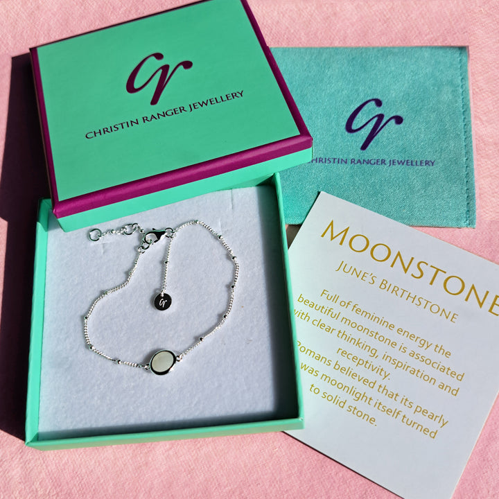 Sterling silver beaded chain bracelet with moonstone in a Christin Ranger gift box with card