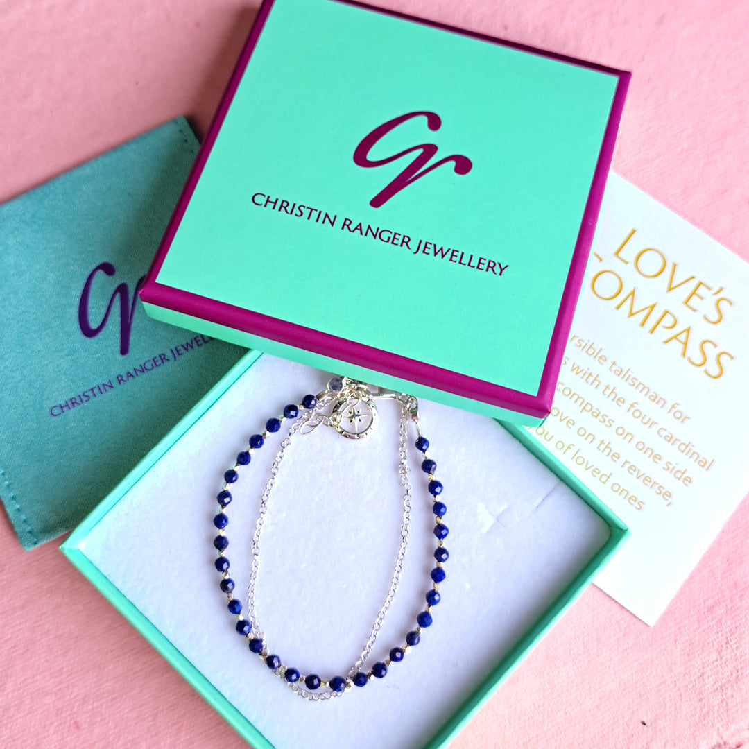 Sterling silver beaded compass bracelet in lapis lazuli in a Christin Ranger Jewelery gift box