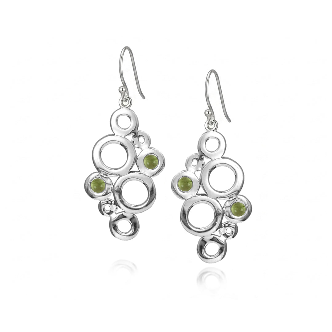 Sterling silver geometric drop earrings with green peridot cabochon gemstones