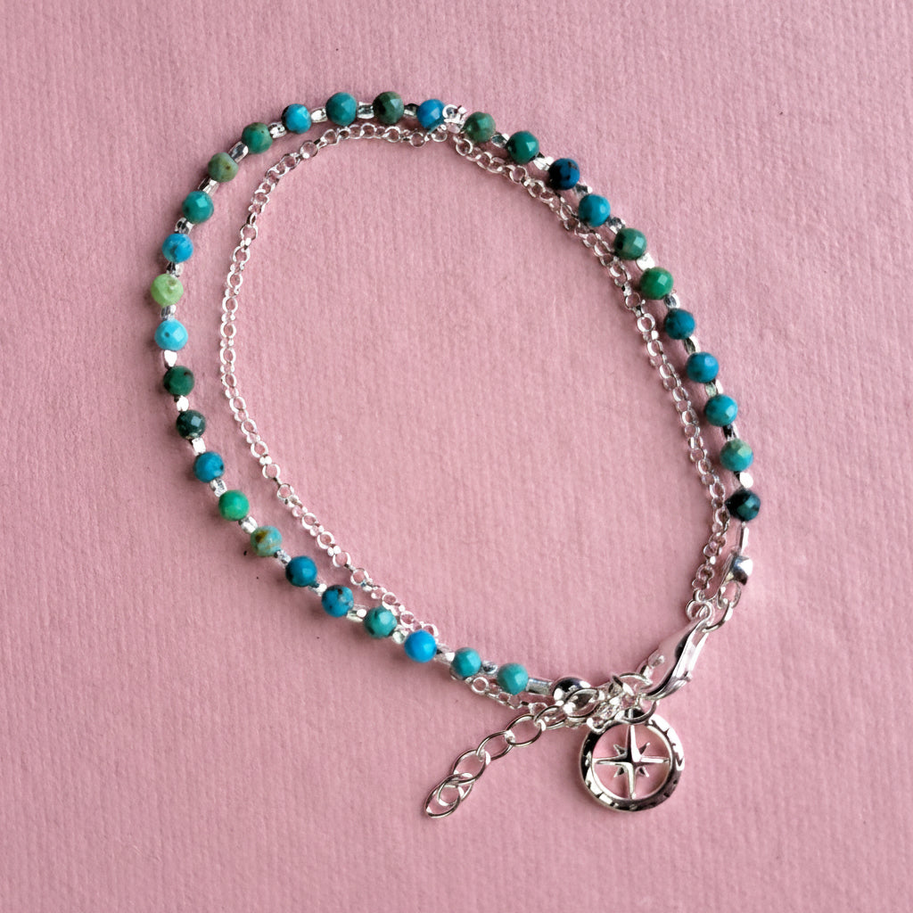 Sterling silver beaded compass bracelet in turquoise on a pink background