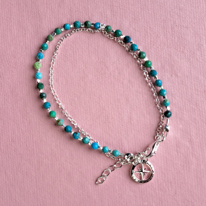 Sterling silver beaded compass bracelet in turquoise on a pink background