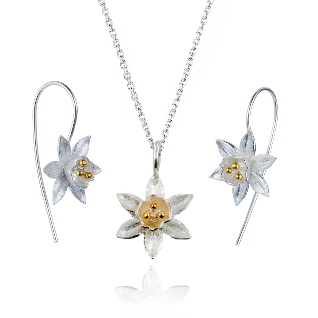 Sterling silver daffodil flower threader earring and necklace set with gold details