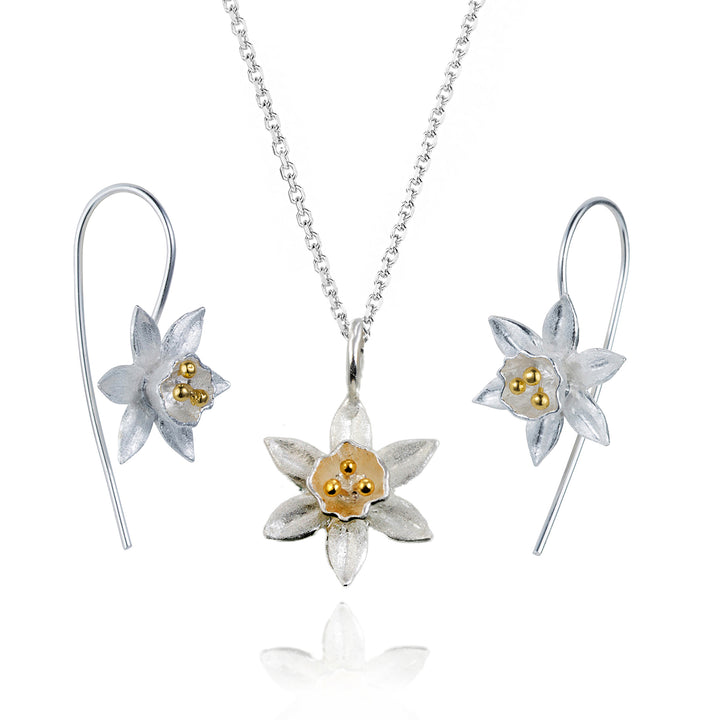 Sterling silver daffodil flower threader earring and necklace set with gold details