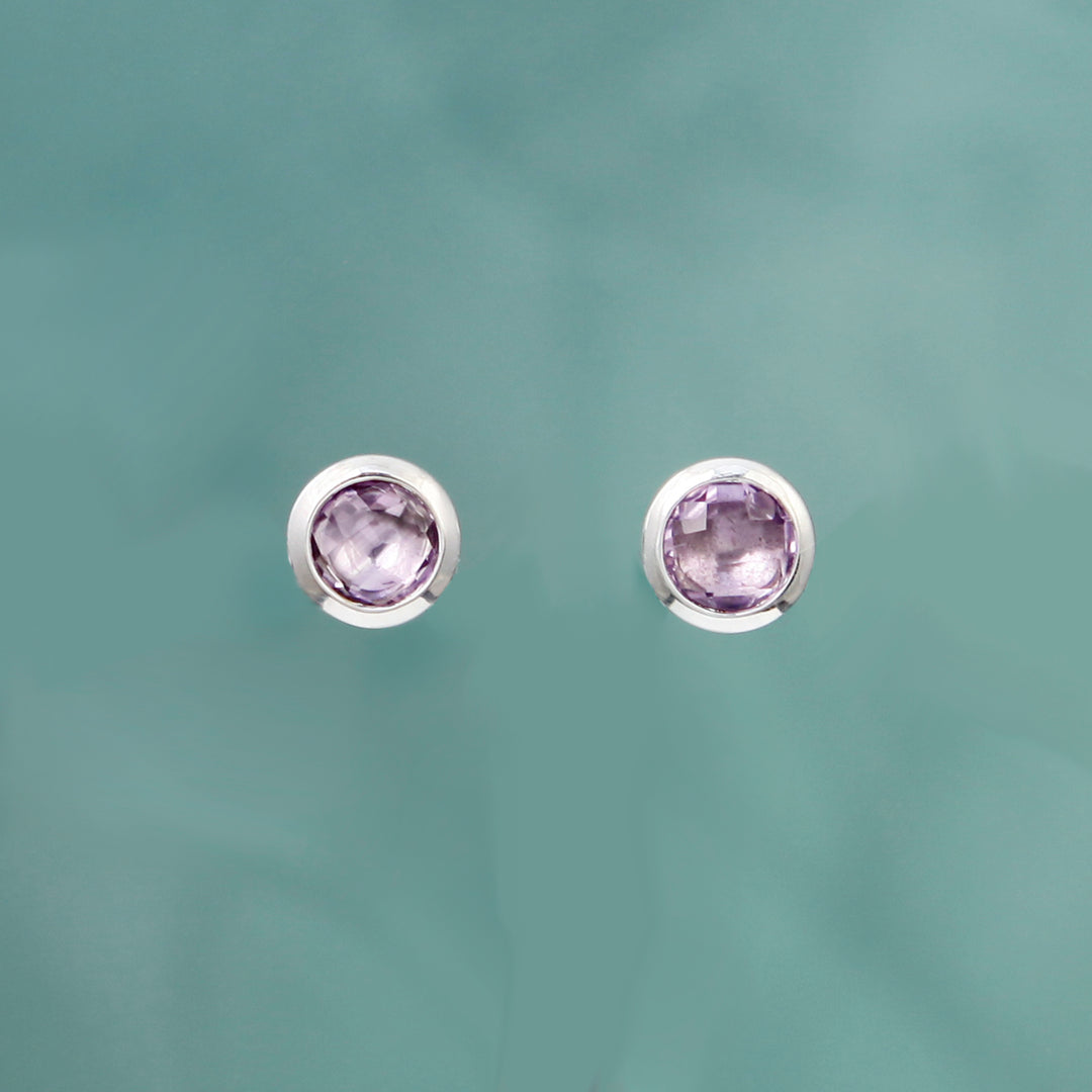 Pair of silver earrings with purple gemstones on a green background