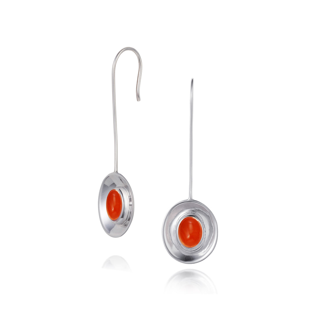 Sterling silver long dish drop earrings with oval carnelian cabochon gemstones