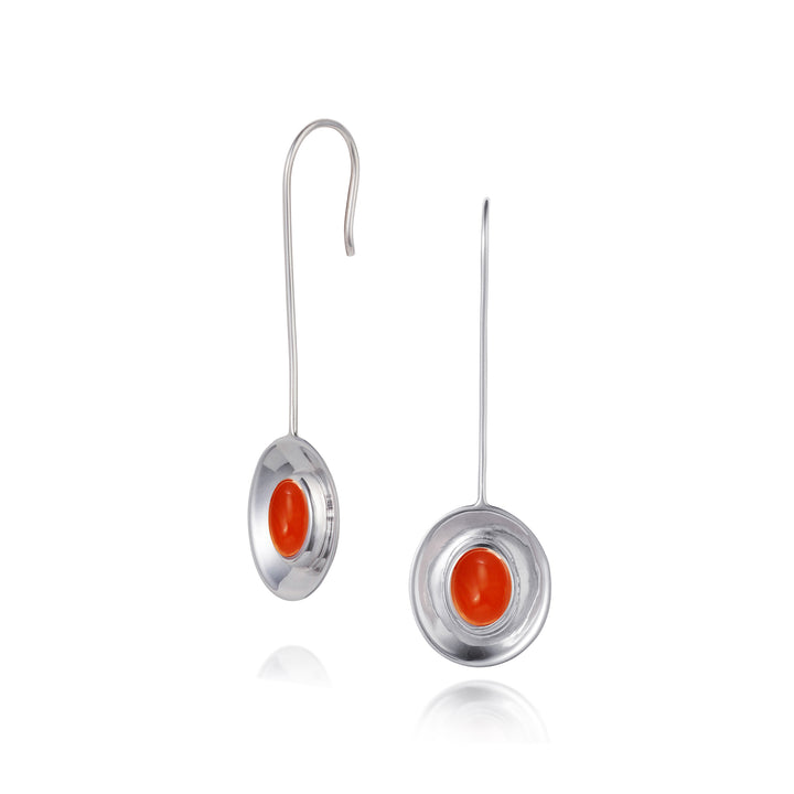 Sterling silver long dish drop earrings with oval carnelian cabochon gemstones