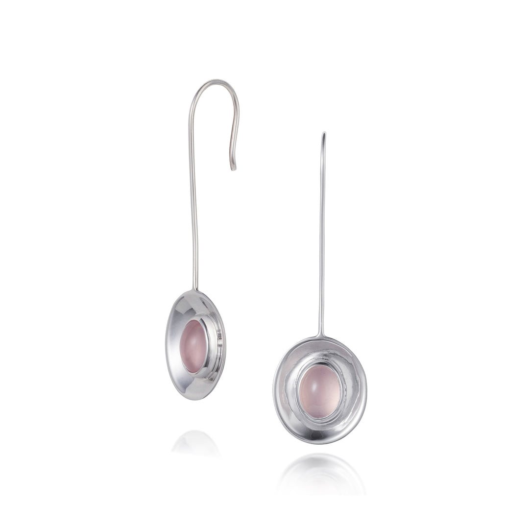 Sterling silver long dish drop earrings with an oval rose quartz cabochon gemstone
