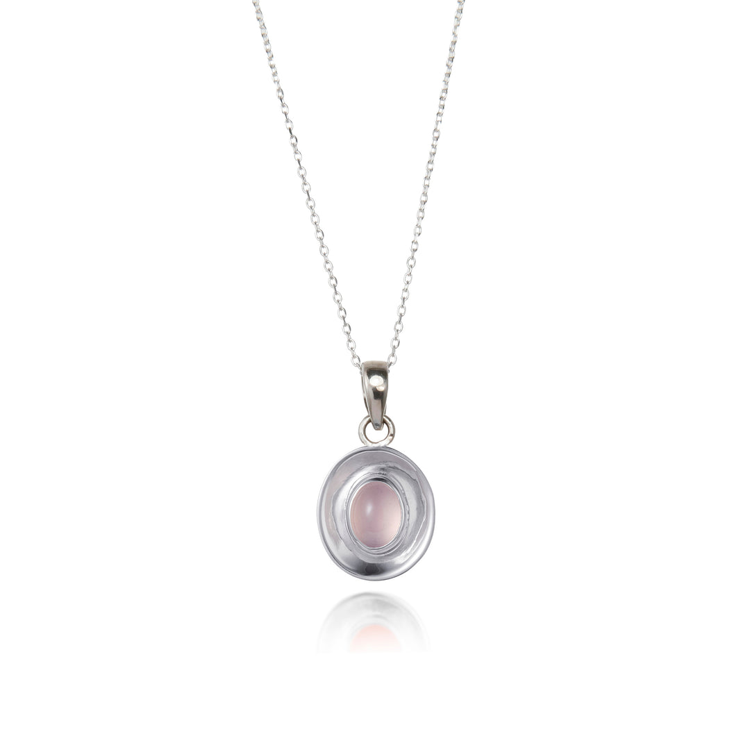 Sterling Silver Dish Shaped Pendant with a rose quartz cabochon gemstone