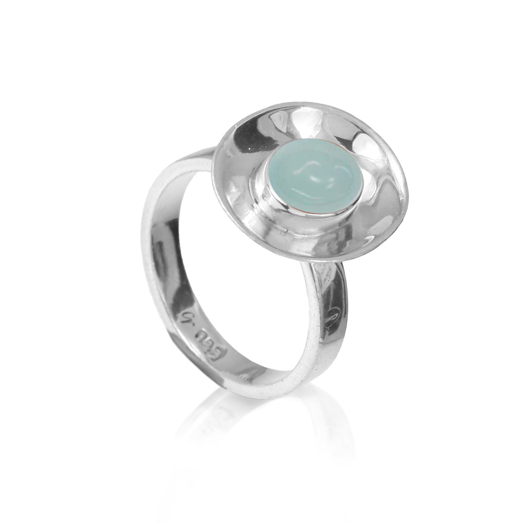 Sterling silver dish shaped ring with aquamarine cabochon gemstone