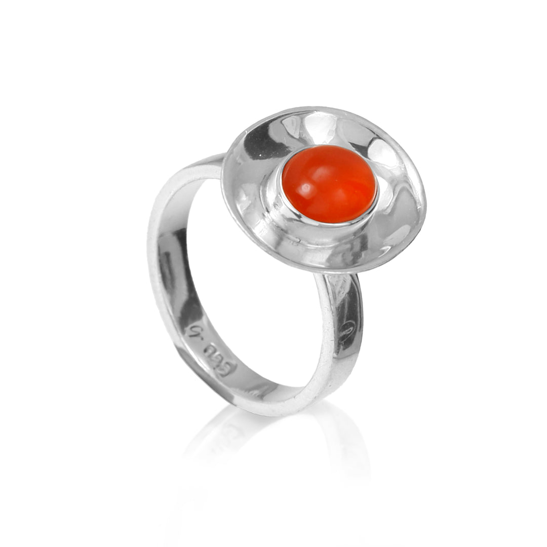 Sterling silver dish shaped ring set with a carnelian cabochon gemstone