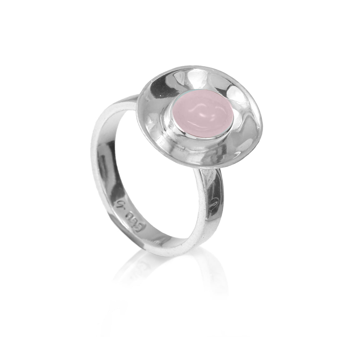 Sterling silver dish shaped ring with rose quartz cabochon gemstone