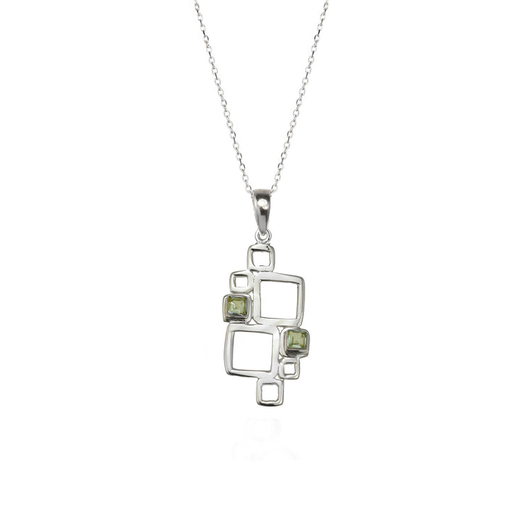 Sterling silver geometric pendant necklace with peridot cabochons