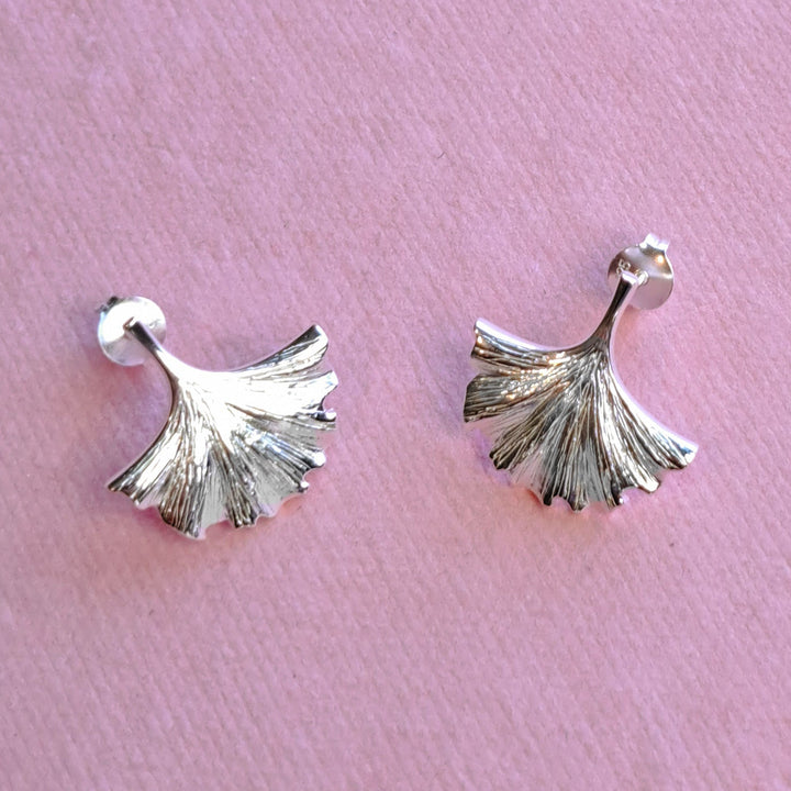 Sterling silver ginkgo leaf stud earrings - alternative view