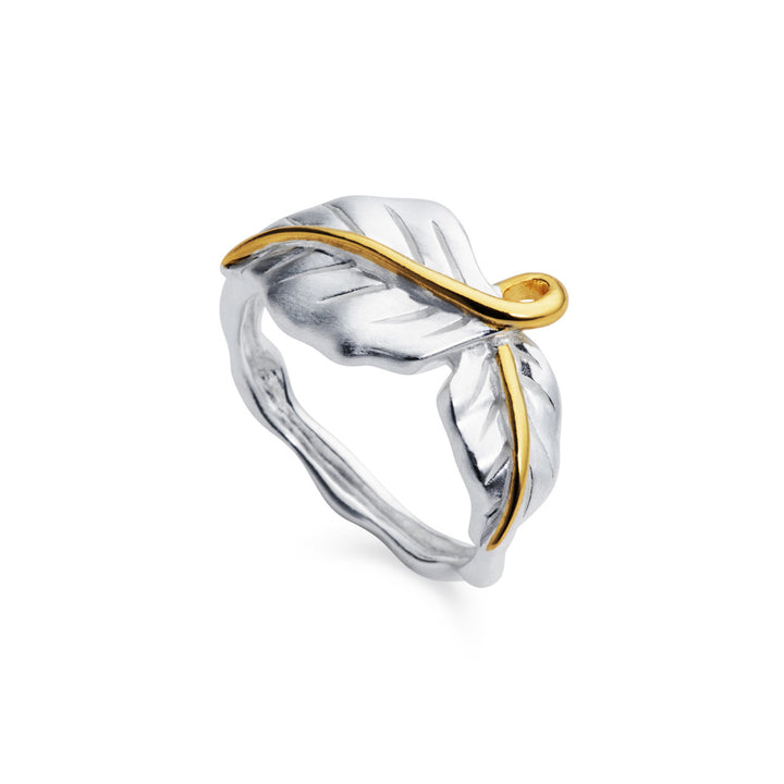 Double leaf ring in satin silver with gold detailing on a white background
