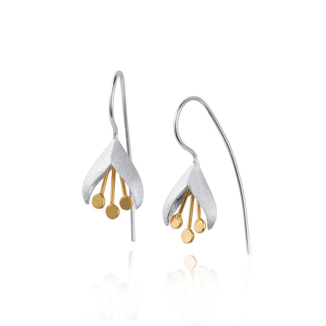 Silver snowdrop earrings with gold accents on a white background