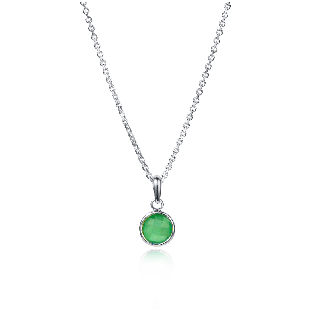 Dainty green quartz charm necklace in sterling silver on a white background