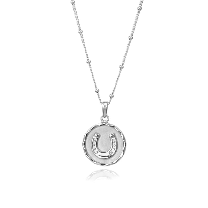 Silver necklace with a horseshoe pendant on a white background