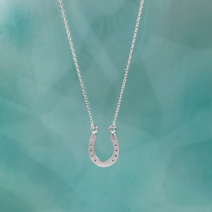 Sterling silver lucky horseshoe necklace on a teal background
