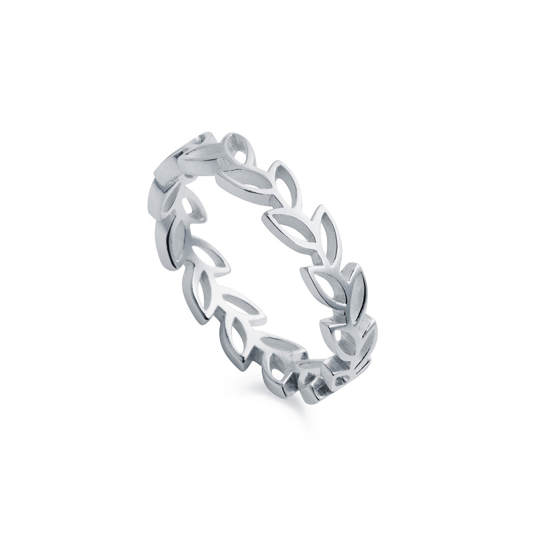 Silver multiple leaf ring in matte finish on white background